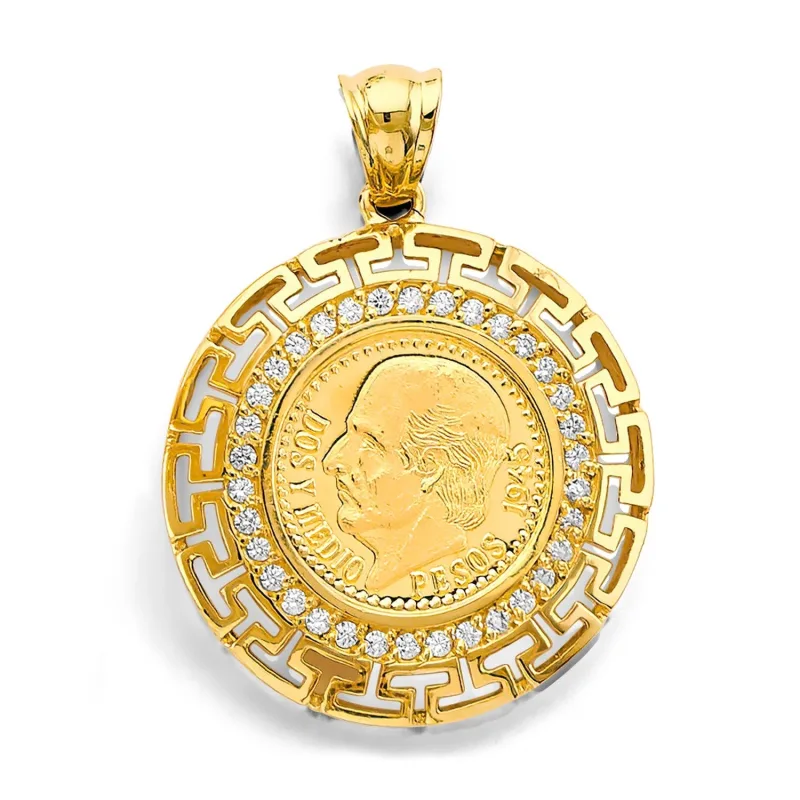 14KY CZ Greek 2.5 Pesos Coin Pendant / Set