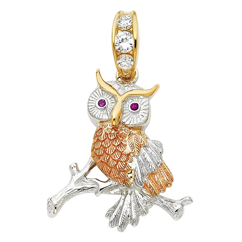 14K 3C CZ OWL PENDANT