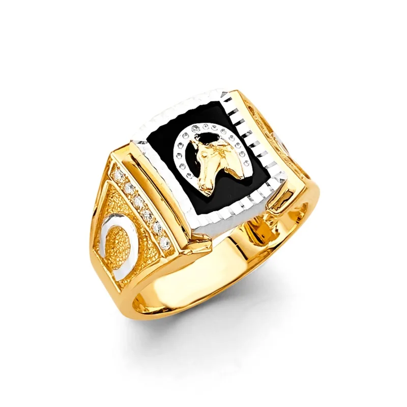 14K 2T Onyx Horseshoe Men's CZ Ring