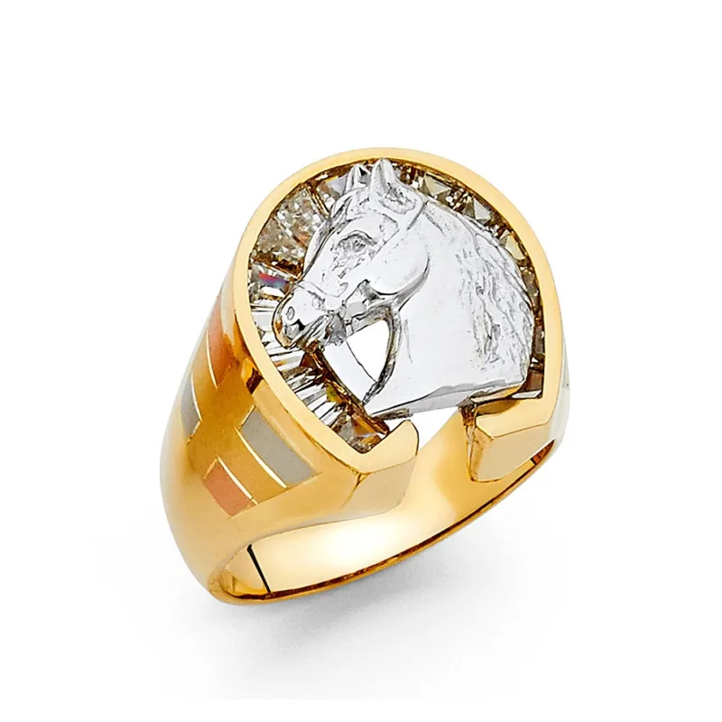 14K 2T CZ LUCKY HORSE SHOE MENS RING