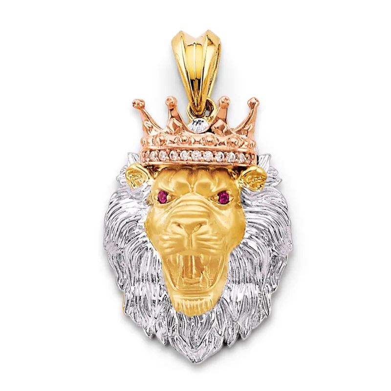 14K 3C CZ Lion Face w/ Crown Pendant