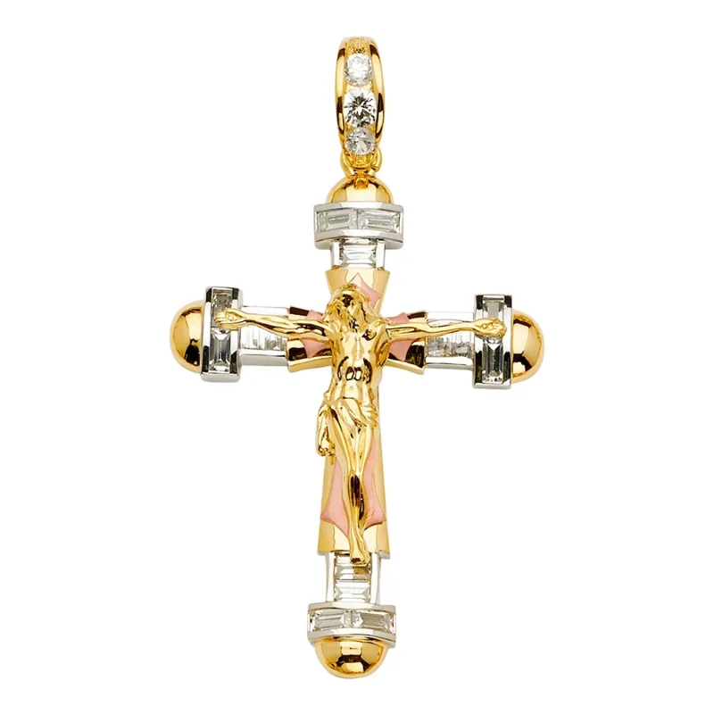 14K 3Color CZ Crucifix Cross Pendant