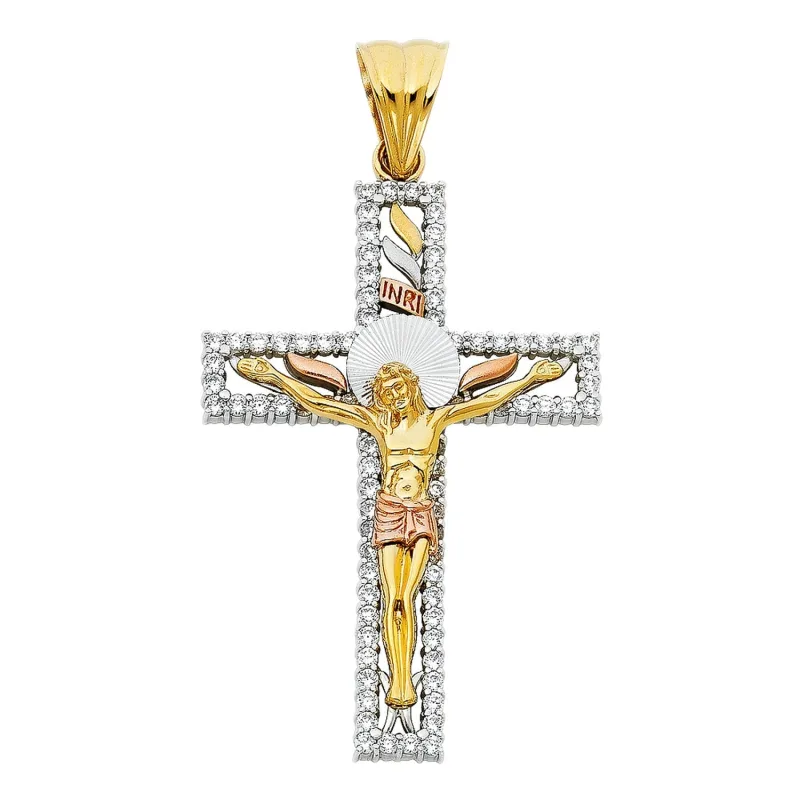 14K 3C CZ FNACY CRUCIFIX PENDANT