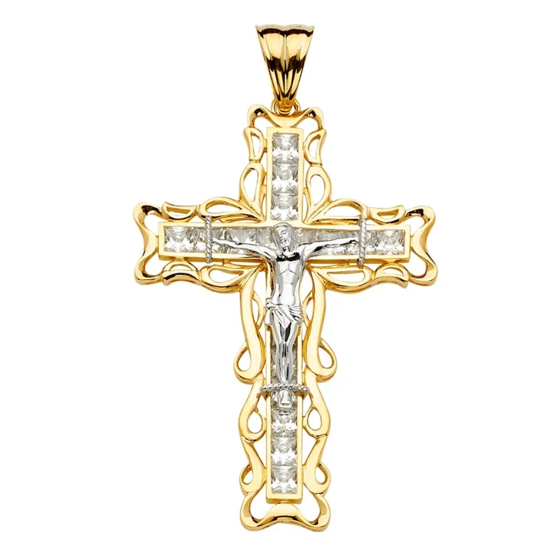 14K 2Tone CZ Crucifix Cross Pendant