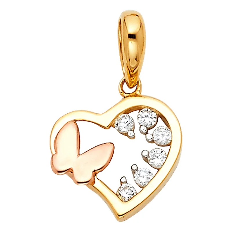14K 2T CZ HEART W/ BUTTERFLY TINY PENDANT
