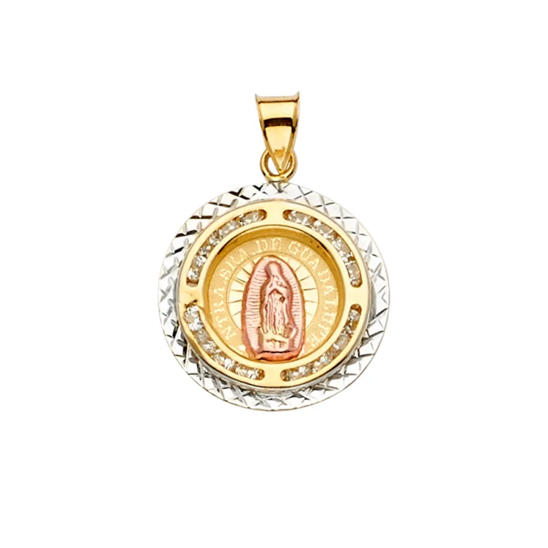 14K 3Color CZ Guadalupe Medal Pendant