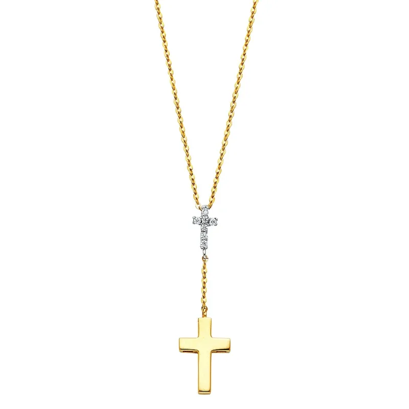 14K 2T CZ CROSS NECKLACE