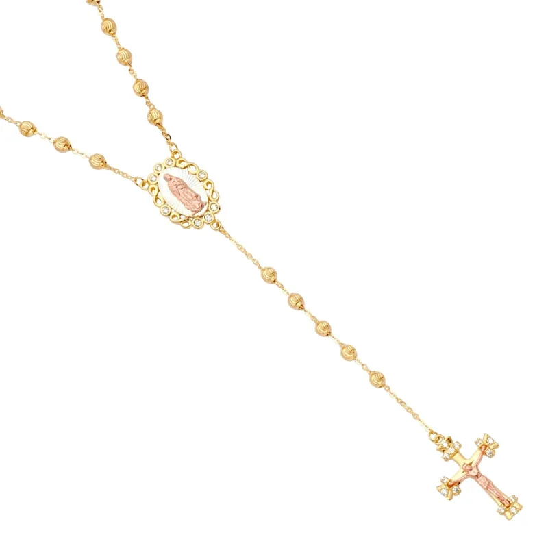 14K 3C 3mm Moon-Cut Ball CZ Rosary Necklace