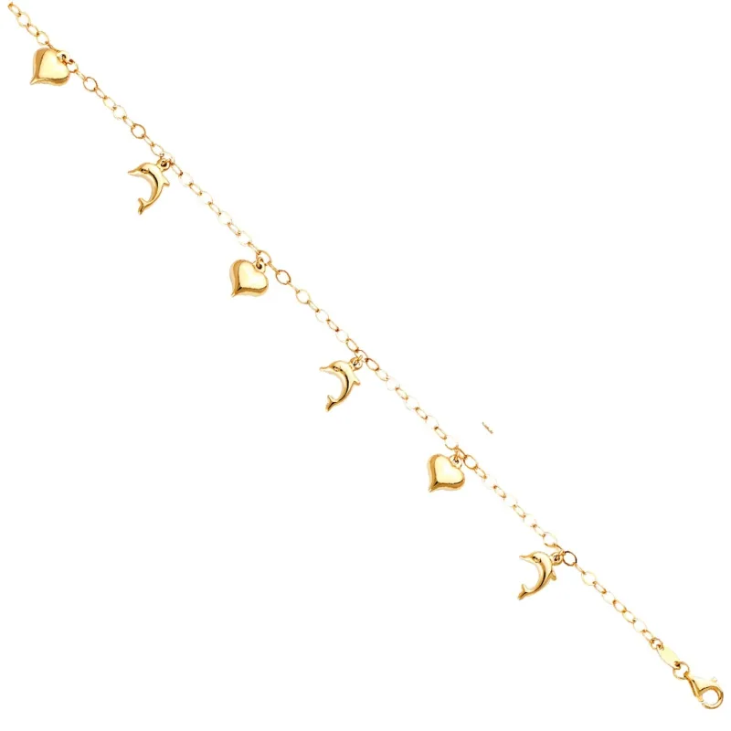 14KY Hanging Dolphin + Heart Anklet 9 + 1
